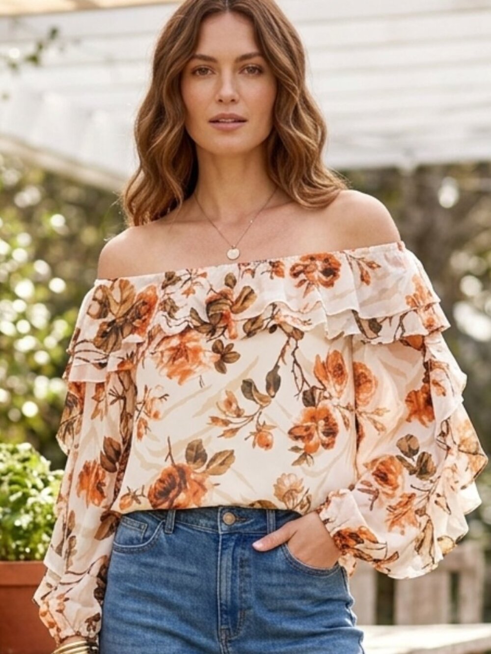 White House Black Market Floral Ruffle Off-The-Shoulder Top Size Medium